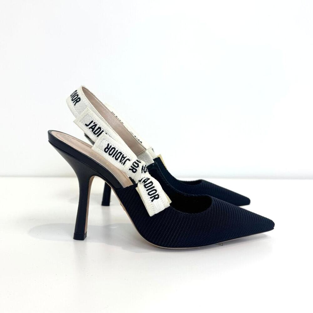 DIOR J'adior Black Slingback Pumps 37.5 NEW Fabric Logo Ribbon Bow Pointed Heels